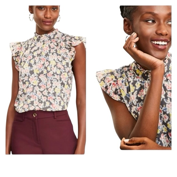 NWT LOFT Floral Smocked Ruffle Trim Top Size XS - Picture 3 of 13